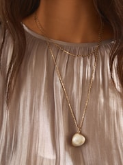 Gold Tone Long Real Pearl Necklace Made With Recycled Brass - Image 4 of 7
