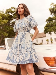 Lipsy White Placement Print Short Puff Sleeve Mini Dress - Image 4 of 4