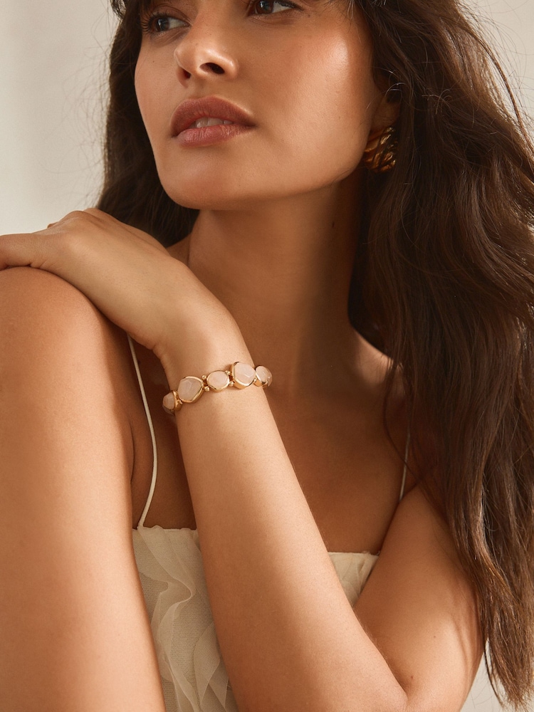 Gold Tone Rose Quartz Stone Stretch Bracelet - Image 1 of 6 Gold Tone Rose Quartz Stone Stretch Bracelet - Image 1 of 6