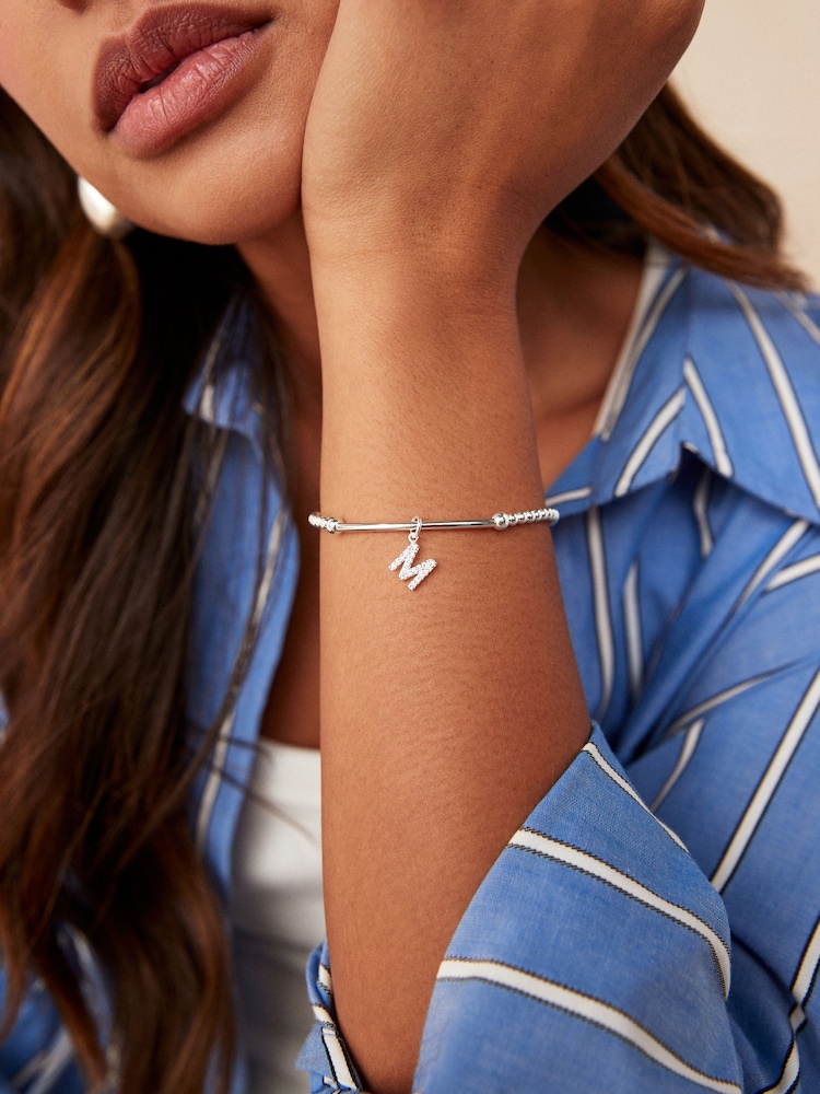 Sterling Silver Initial Cubic Zirconia Beaded Stretch Bracelet - Image 1 of 3