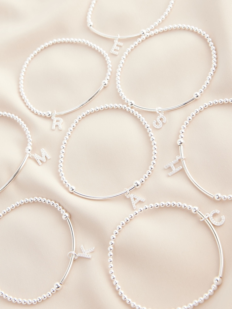 Sterling Silver Initial Cubic Zirconia Beaded Stretch Bracelet - Image 5 of 5