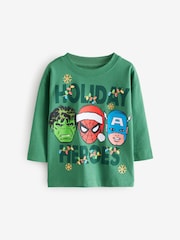 Green 100% Cotton Long Sleeve Marvel Christmas T-Shirt (3mths-8yrs) - Image 1 of 4