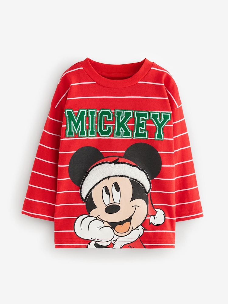 Red 100% Cotton Long Sleeve Mickey Mouse Christmas T-Shirt (6mths-8yrs) - Image 1 of 4