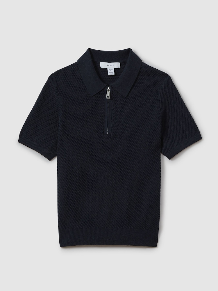 Reiss Navy Ivor 3-9 yrs Textured Quarter Zip Polo Shirt - Image 2 of 5 Reiss Navy Ivor 3-9 yrs Textured Quarter Zip Polo Shirt - Image 2 of 5