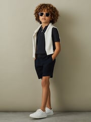 Reiss Navy Ivor 9-13 yrs Textured Quarter Zip Polo Shirt - Image 1 of 5