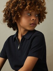 Reiss Navy Ivor 9-13 yrs Textured Quarter Zip Polo Shirt - Image 3 of 5