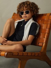 Reiss Navy Ivor 9-13 yrs Textured Quarter Zip Polo Shirt - Image 4 of 5