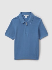 Reiss Blue Ivor 9-13 yrs Textured Quarter Zip Polo Shirt - Image 2 of 5