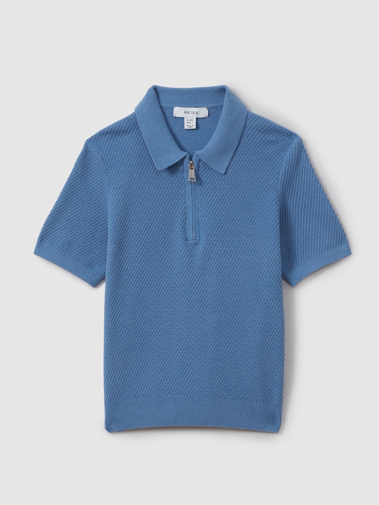 Reiss Blue Ivor 9-13 yrs Textured Quarter Zip Polo Shirt - Image 2 of 5
