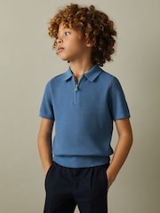 Reiss Blue Ivor 9-13 yrs Textured Quarter Zip Polo Shirt - Image 3 of 5