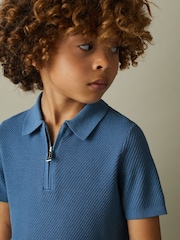 Reiss Blue Ivor 9-13 yrs Textured Quarter Zip Polo Shirt - Image 4 of 5