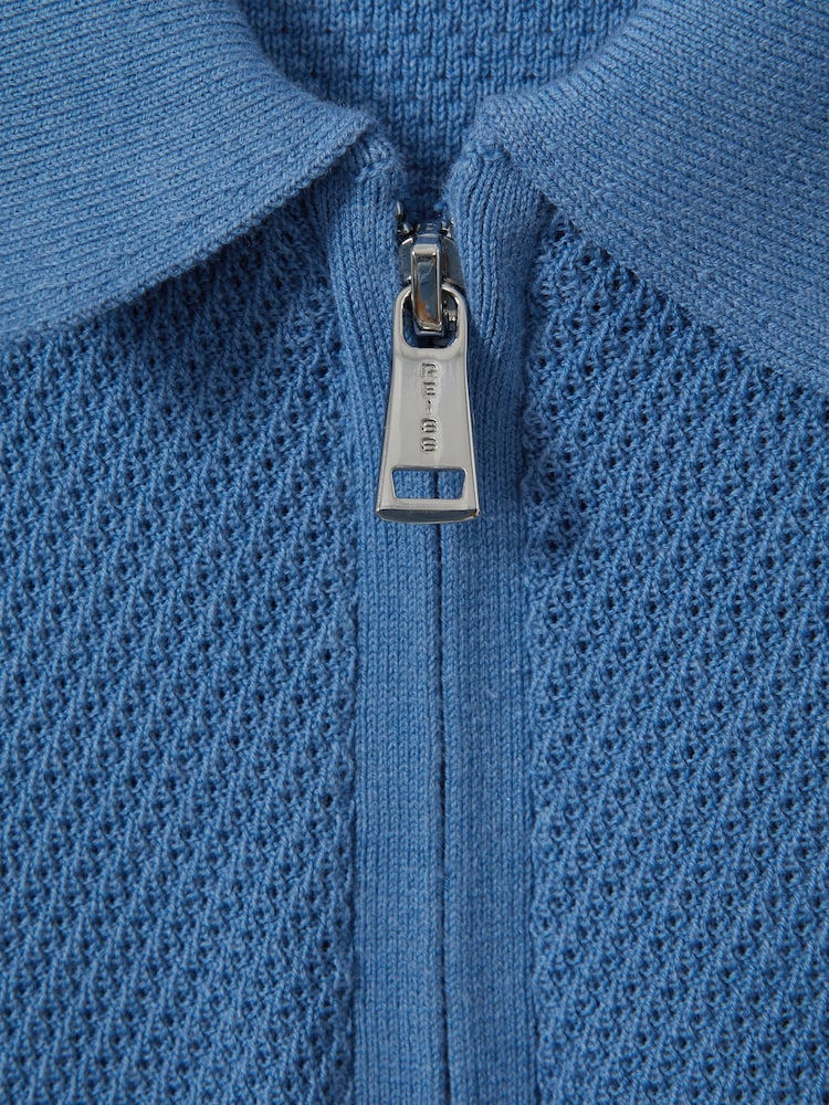 Reiss Blue Ivor 9-13 yrs Textured Quarter Zip Polo Shirt - Image 5 of 5