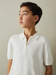 Reiss White Ivor 9-13 yrs Textured Quarter Zip Polo Shirt - Image 1 of 5