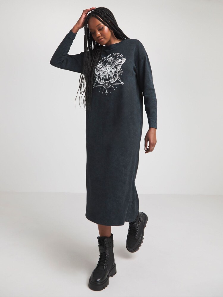 Simply Be Grey Long Sleeved Graphic T-Shirt Dress - Image 1 of 4
