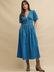 Nobody's Child Blue Denim Short Sleeve Starlight Plain Midi Dress - Image 1 of 3