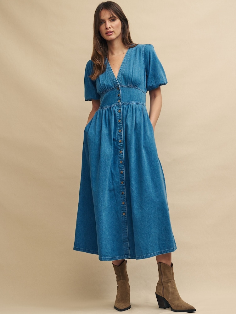 Nobody's Child Blue Denim Short Sleeve Starlight Plain Midi Dress - Image 1 of 3