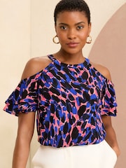 Love & Roses Blue Animal Cold Shoulder Printed Blouse - Image 1 of 4