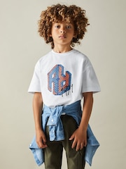 Reiss Optic White Luka 9-13 yrs Oversized Cotton Graffiti Print Crew Neck T-Shirt - Image 1 of 1