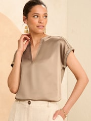 Love & Roses Brown Satin Front Embellished Trim V Neck T-Shirt - Image 1 of 4