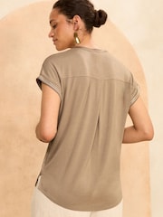 Love & Roses Brown Satin Front Embellished Trim V Neck T-Shirt - Image 3 of 4