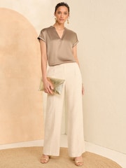 Love & Roses Brown Satin Front Embellished Trim V Neck T-Shirt - Image 4 of 4