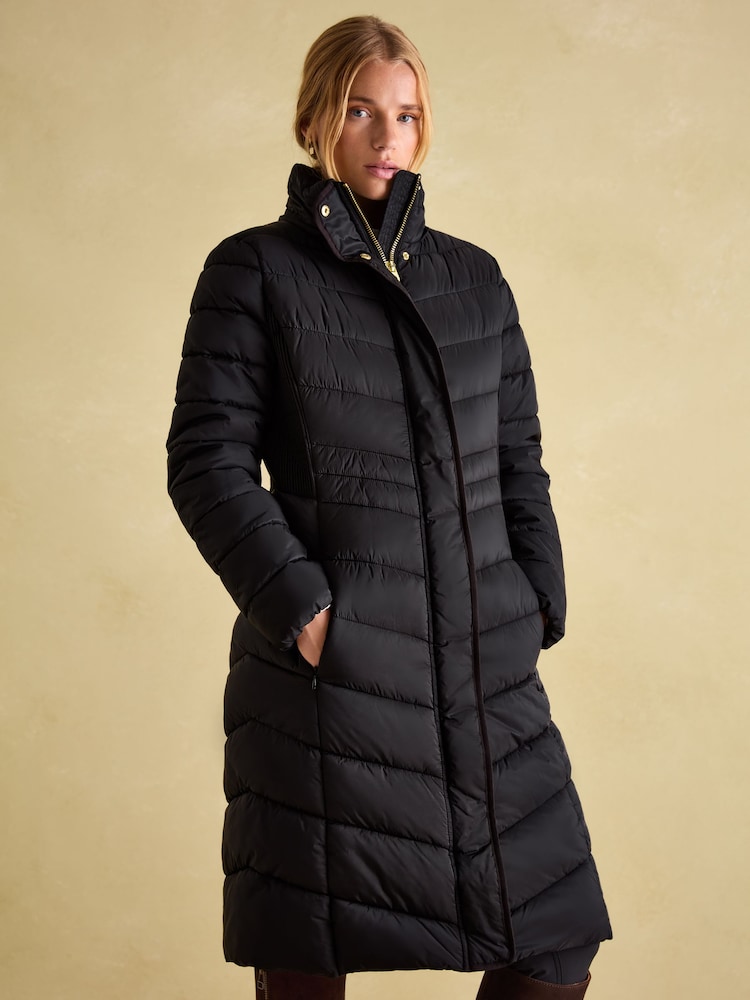 Joules Pembury Black Showerproof Longline Padded Coat With Hood - Image 1 of 7