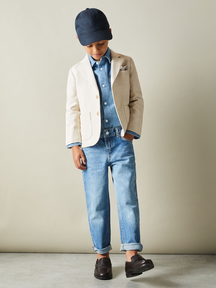 Reiss Stone Aphrodite 3-9 yrs Slub Check Single Breasted Blazer - Image 1 of 4