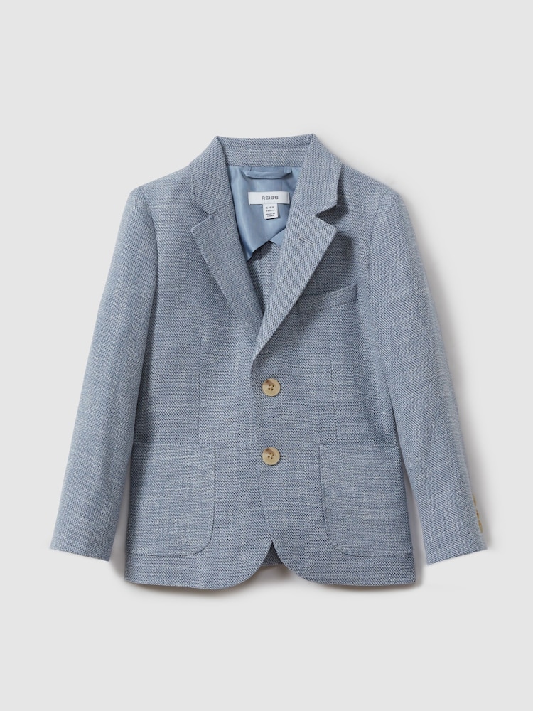 Reiss Soft Blue Aphrodite 3-9 yrs Slub Check Single Breasted Blazer - Image 2 of 4