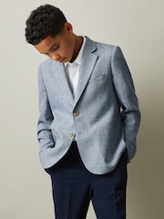 Reiss Soft Blue Aphrodite 3-9 yrs Slub Check Single Breasted Blazer - Image 3 of 4
