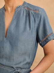 Love & Roses Navy Blue Short Sleeve Crochet Detail Tencel Denim Midi Dress - Image 2 of 4