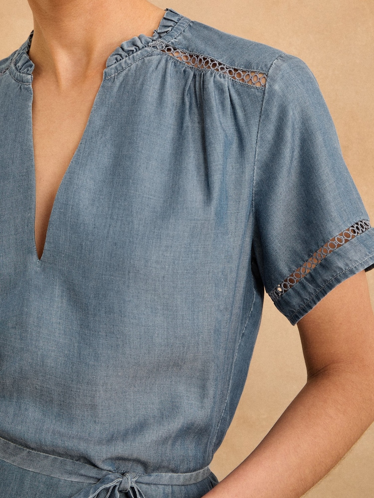 Love & Roses Navy Blue Short Sleeve Crochet Detail Tencel Denim Midi Dress - Image 2 of 4
