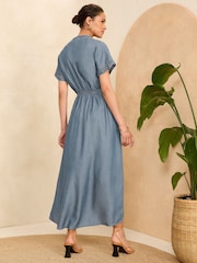 Love & Roses Navy Blue Short Sleeve Crochet Detail Tencel Denim Midi Dress - Image 3 of 4
