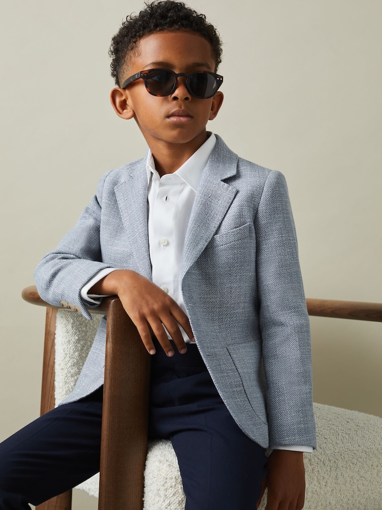 Reiss Soft Blue Aphrodite 13-14 yrs Slub Check Single Breasted Blazer - Image 2 of 4