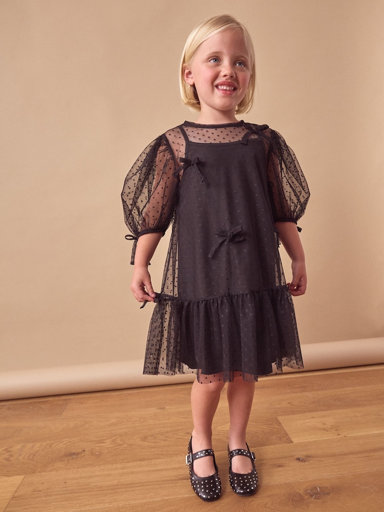 Black Mesh Bow Dress (3-16yrs) - Image 1 of 7 Black Mesh Bow Dress (3-16yrs) - Image 1 of 7