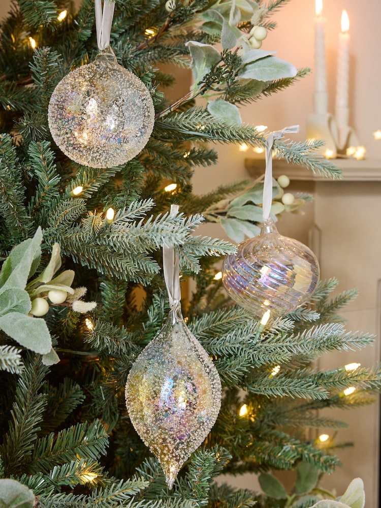 Set of 3 Clear Irridescent Glass Textured Christmas Baubles - Image 1 of 5 Set of 3 Clear Irridescent Glass Textured Christmas Baubles - Image 1 of 5