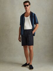 Reiss Navy Con Cotton/Linen Blend Adjuster Shorts - Image 1 of 5