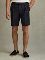 Reiss Navy Con Cotton/Linen Blend Adjuster Shorts - Image 3 of 5