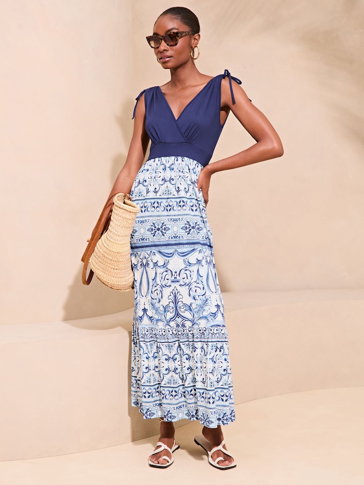 Lipsy Blue Jersey 2 in 1 Printed Summer Holiday Maxi Dress - Image 1 of 4