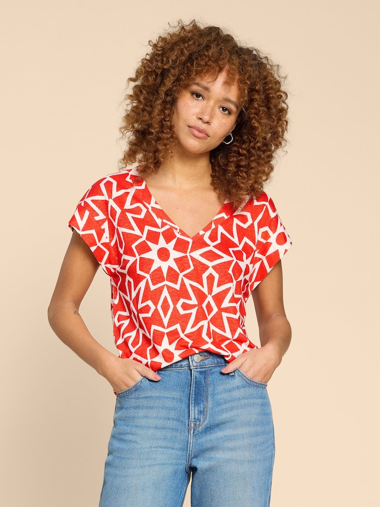 White Stuff Ivy 100 % Leinen-T-Shirt mit V-Ausschnitt - Bild 1 von 7
