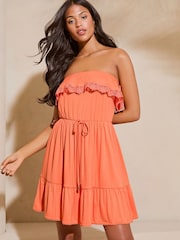 Lipsy Orange Bandeau Ruffle Summer Holiday Jersey Mini Dress - Image 1 of 4