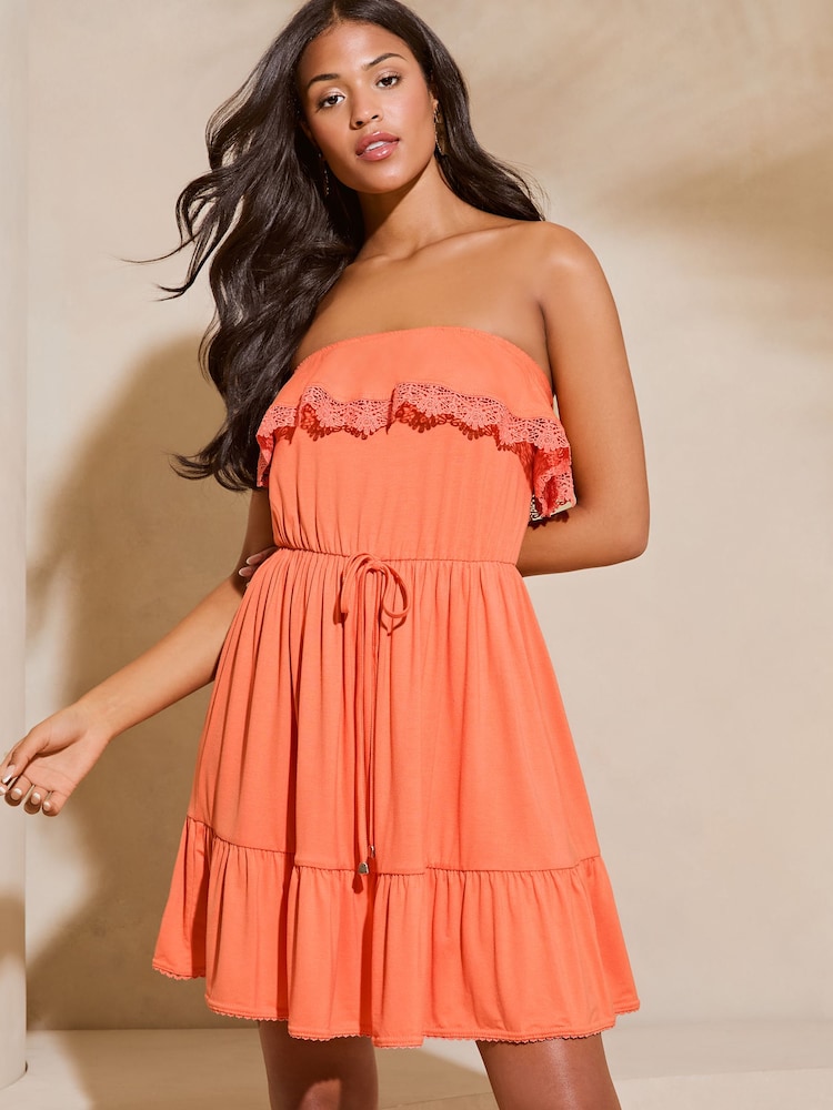 Lipsy Orange Bandeau Ruffle Summer Holiday Jersey Mini Dress - Image 1 of 4