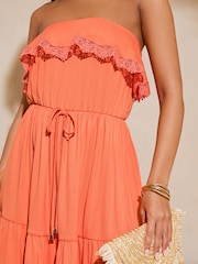 Lipsy Orange Bandeau Ruffle Summer Holiday Jersey Mini Dress - Image 4 of 4