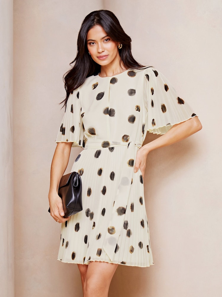 Lipsy White Polka Dot Short Flutter Sleeve Pleated Mini Dress - Image 1 of 4