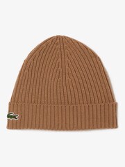 Lacoste Soft Ribbed 100% Cotton Brown Beanie - Image 1 of 4