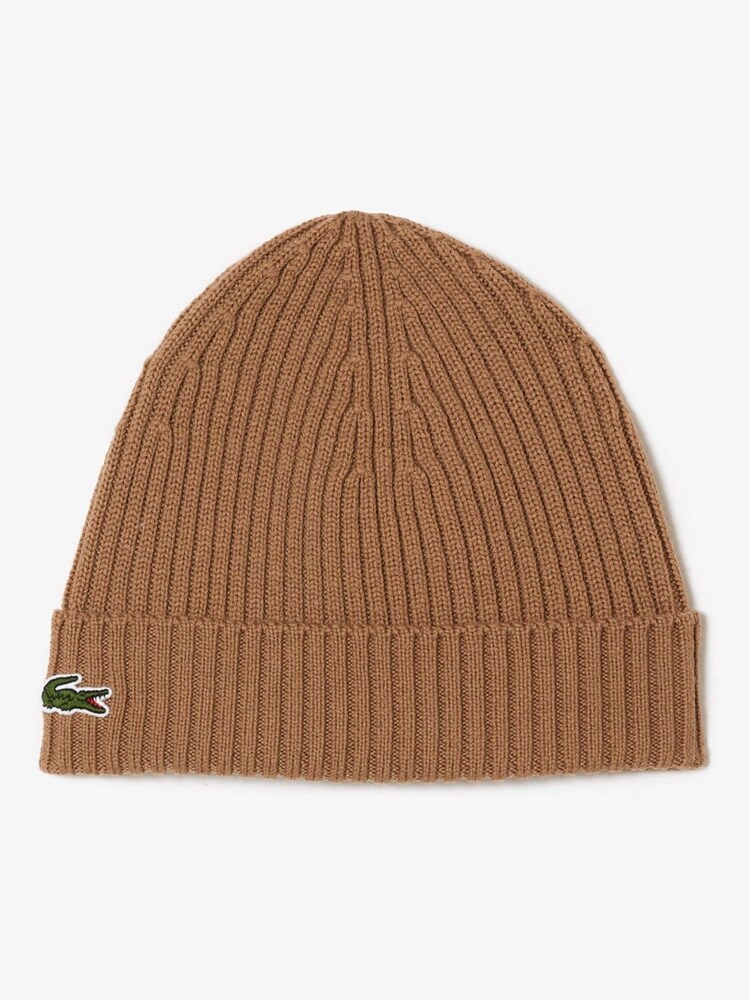 Lacoste Soft Ribbed 100% Cotton Brown Beanie - Image 1 of 4