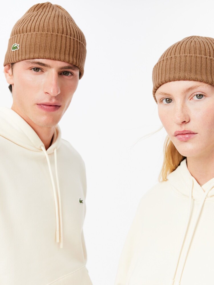 Lacoste Soft Ribbed 100% Cotton Brown Beanie - Image 4 of 4