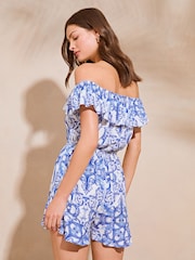 Lipsy Blue Petite Printed Ruffle Bardot Summer Holiday Playsuit - Image 2 of 4