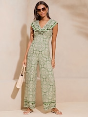 Lipsy Green Printed Ruffle V Neck Sleeveless Wide Leg Jumspuit - Image 1 of 4