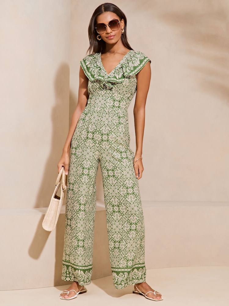 Lipsy Green Printed Ruffle V Neck Sleeveless Wide Leg Jumspuit - Image 1 of 4