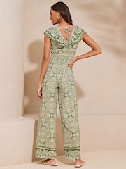 Lipsy Green Printed Ruffle V Neck Sleeveless Wide Leg Jumspuit - Image 2 of 4